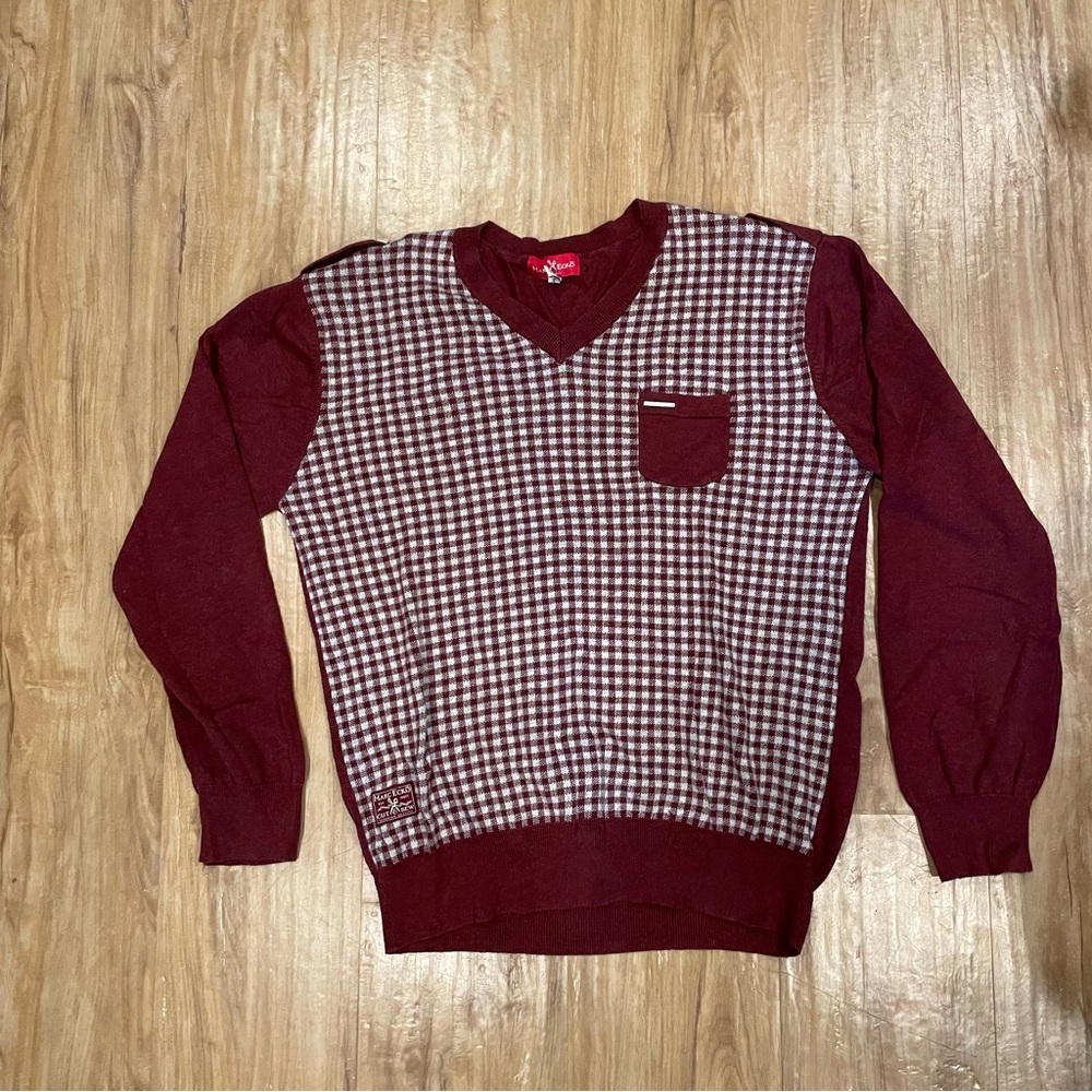 Marc Ecko Men's Cut And Sew Sweater L, Burgundy With Houndstooth Pattern